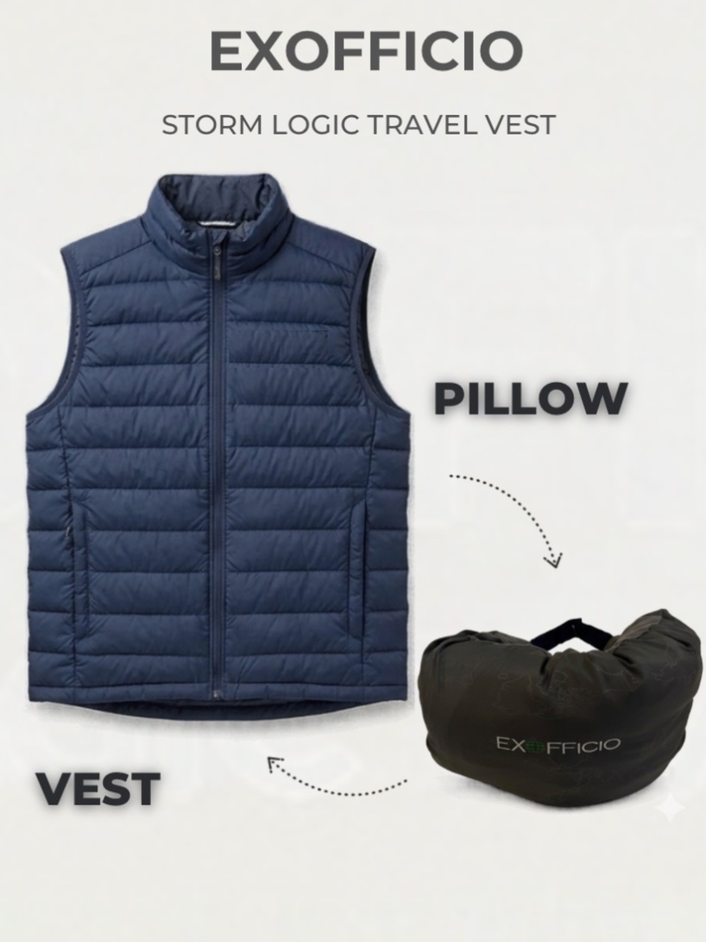 ExOfficio Mens Storm Logic Insulated Travel Vest, Converts to Travel Pillow (L)